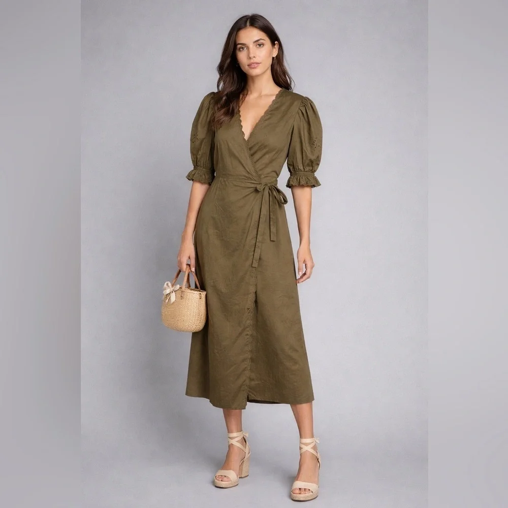 Coach Midi Dress Women’s 4 Eyelet Wrap Milkmaid Cottage Pockets Olive FF